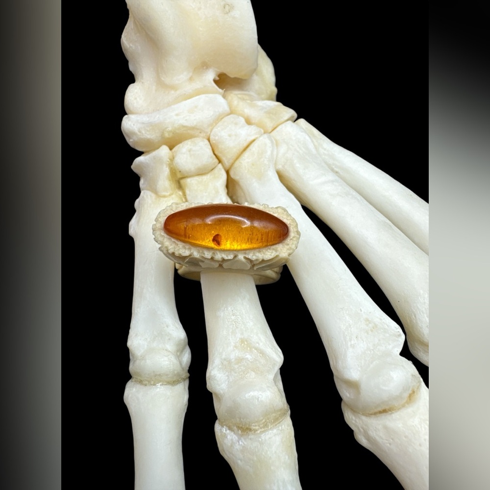 Fossilized Mammoth and Amber Ring 8.25